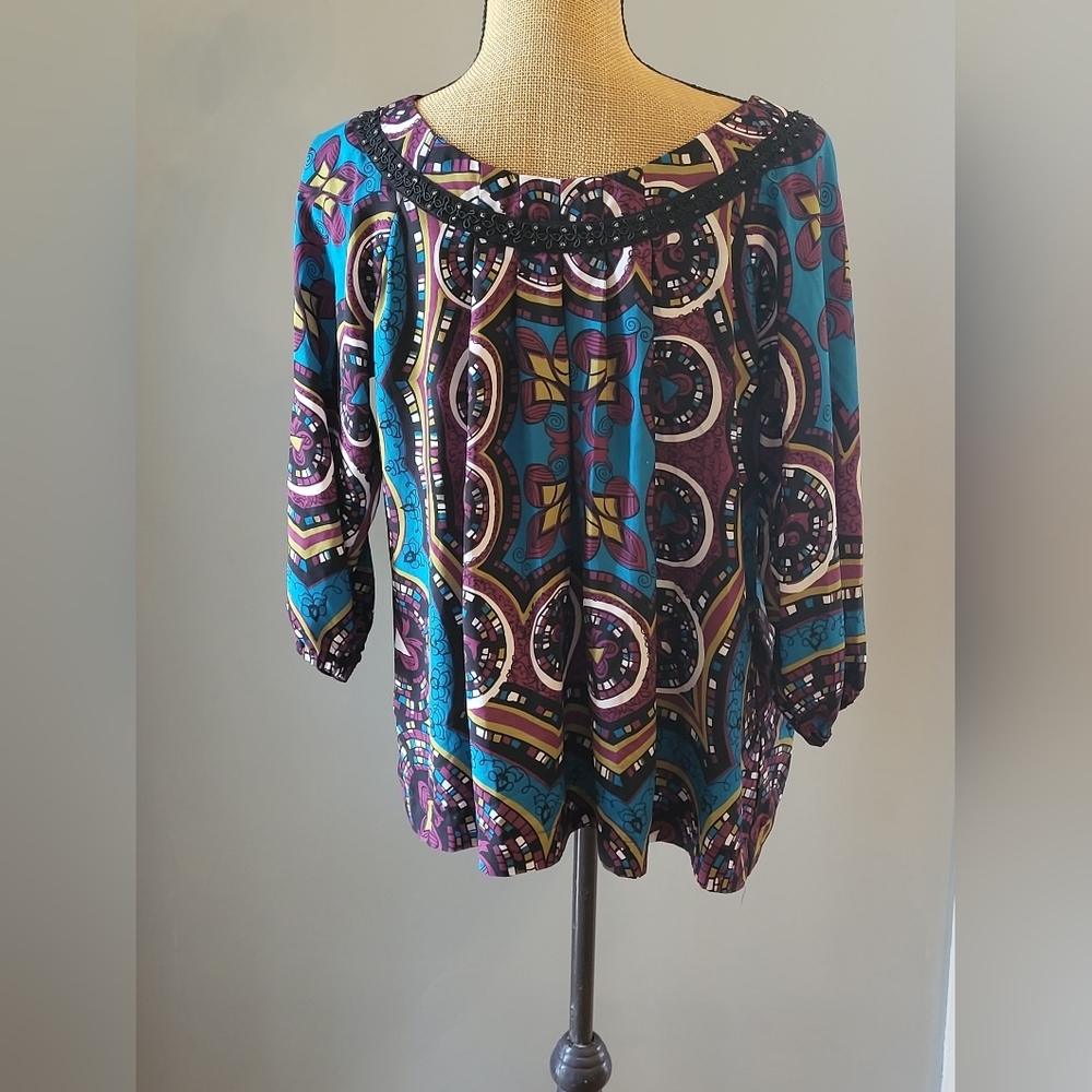 Nicole Miller Medium Pullover Blouse Blue/Pink/Black - Picture 4 of 10